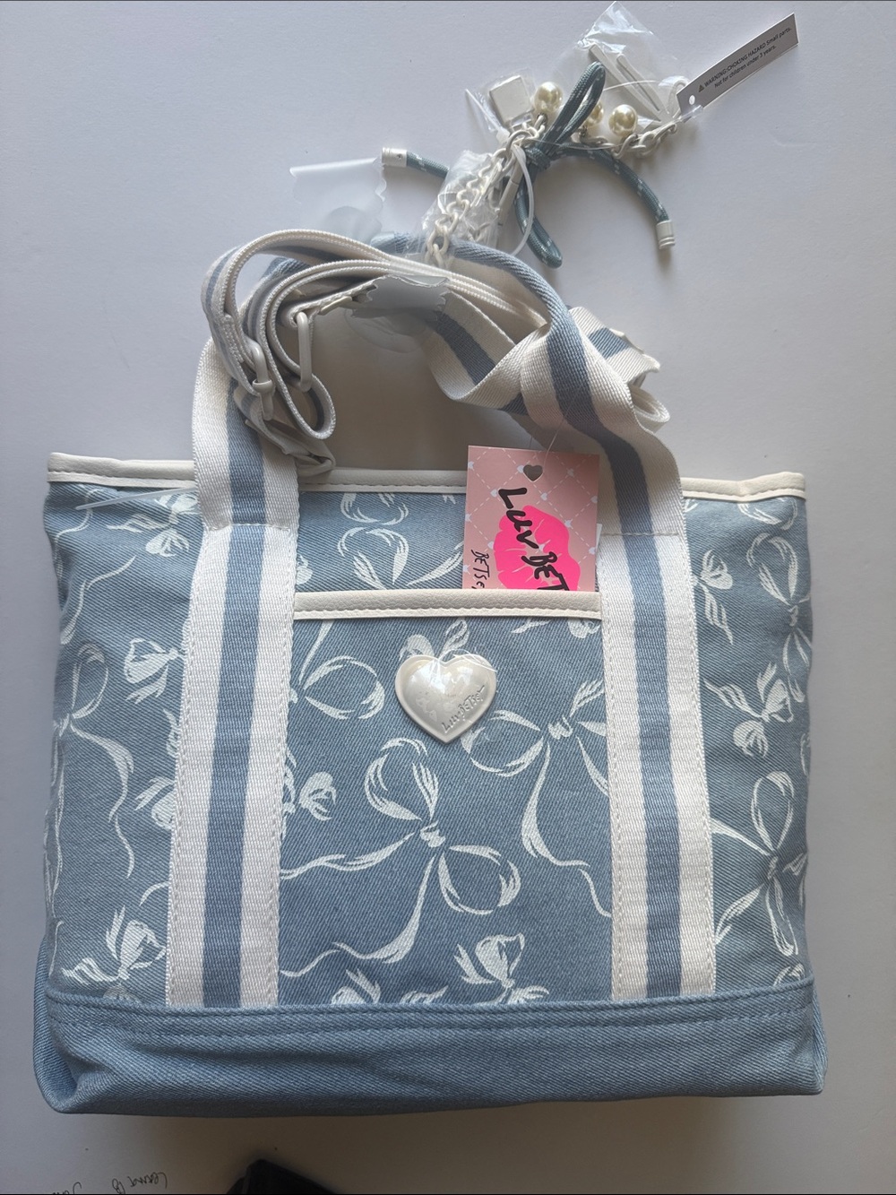 Betsey Johnson Blue denim white bows Canvas Tote Bag